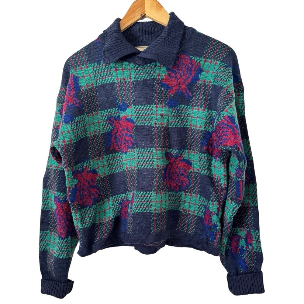 White Wheeler & Martha 100% Wool Collared Vintage Plaid Sweater Womens Large